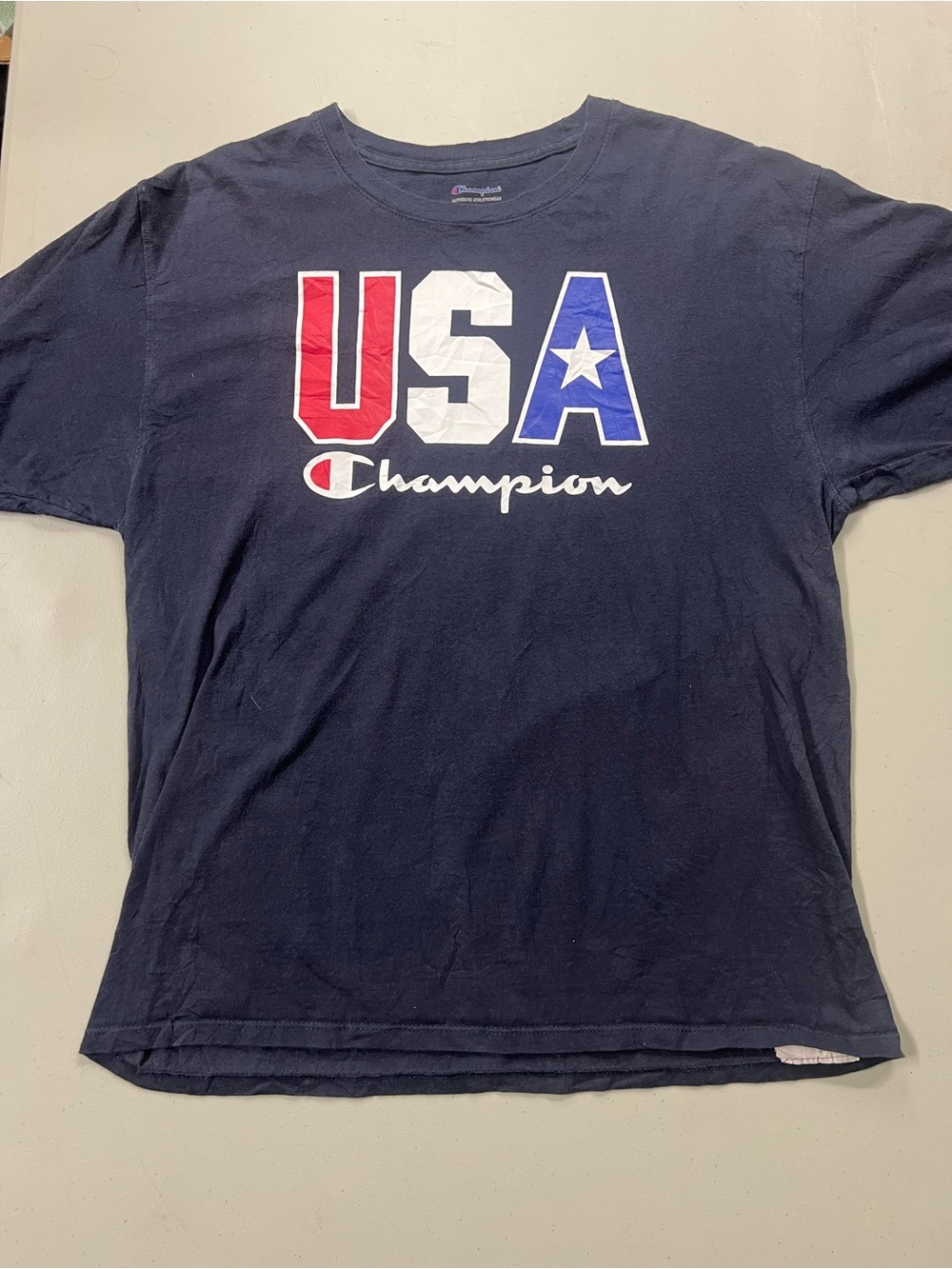 Champion USA Graphic T-Shirt Navy Blue Size L